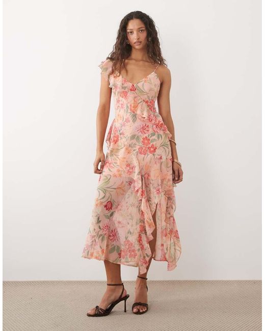 New Look Pink Floral Asymmetric Chiffon Midi Dress