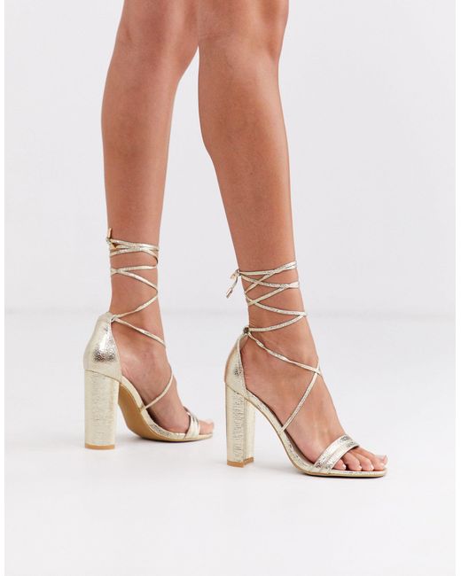 Glamorous Gold Block Heeled Sandals With Ankle Tie in Metallic | Lyst