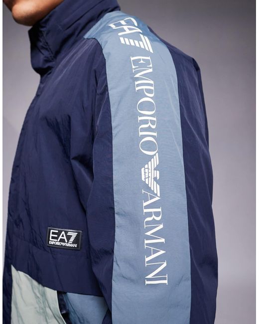 EA7 Blue Armani Panelled Wind Breaker Jacket With Logo Tape Detail for men