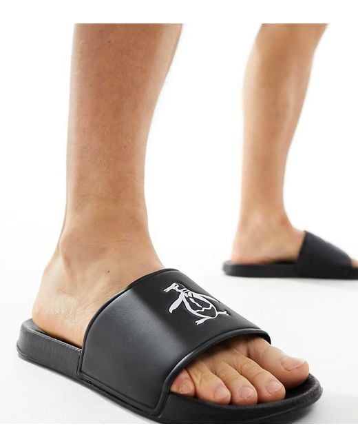 Original Penguin White Wide Fit Logo Sliders for men