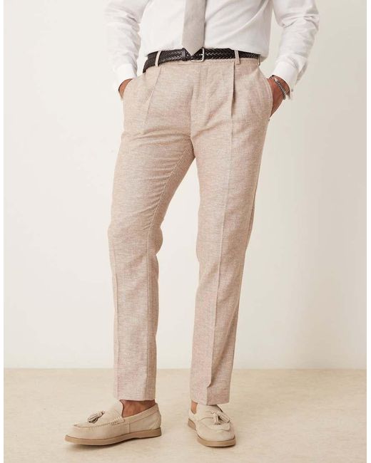 ASOS Natural Linen Cotton Blend Slim Suit Trousers for men