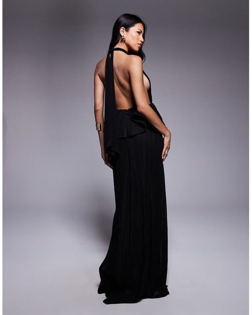 ASOS Black Premium Plunge Plisse Maxi Dress With Wired Trim Peplum
