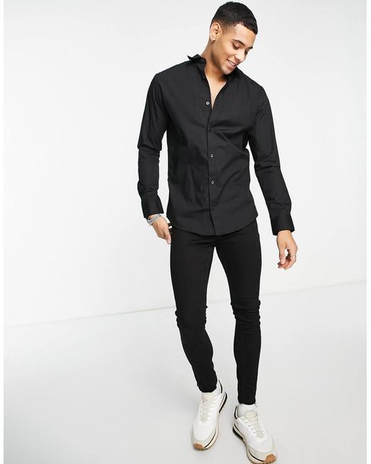 Jack & Jones Black Originals Long Sleeve Stretch Cotton Shirt for men