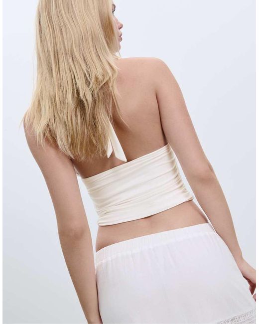 Stradivarius White Gathered Halter Top