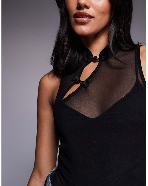 ASOS Blue Rouleau Loop Detail Sheer Mesh Bodysuit With Trim