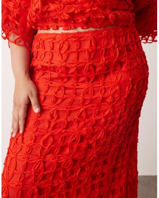 ARRANGE Red Curve Floral Cutwork Column Midi Skirt