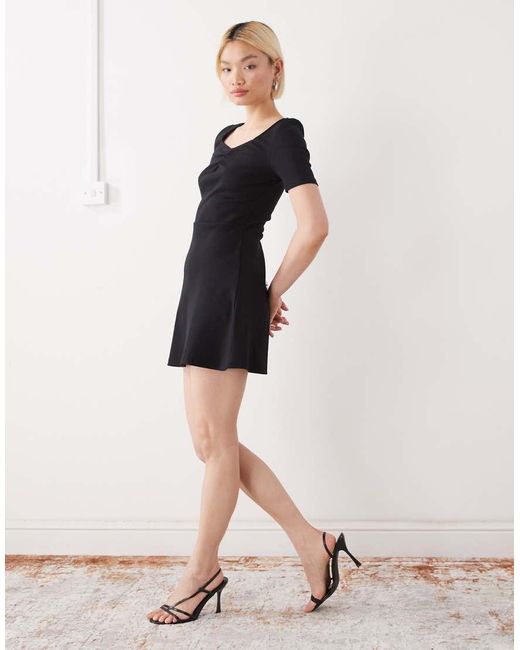 Noisy May Black Ribbed Square Neck Mini Skater Dress With Ruche Detail