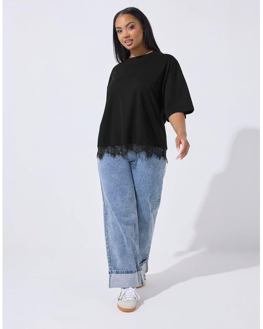 Yours Clothing Black Lace Hem T-Shirt