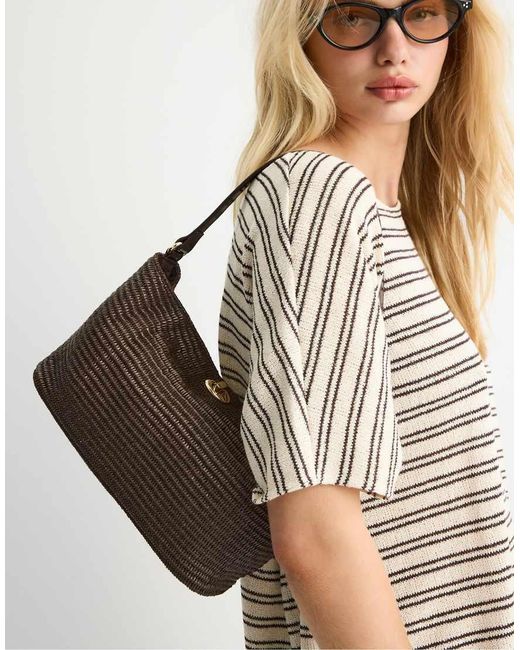 Stradivarius Brown Crochet Shoulder Bag With Metal Fastening