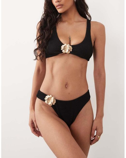 The Frolic Black Exclusive Crinkle Metal Flower Trim High Leg Brazilian Bikini Bottom