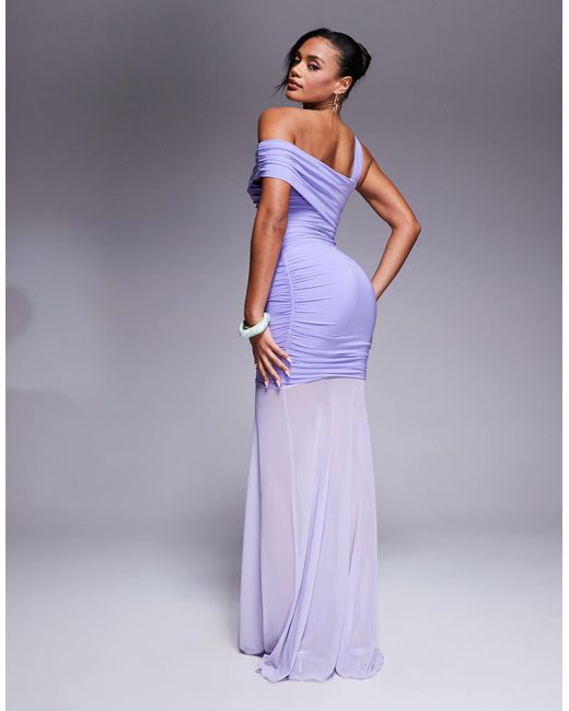 Kaiia Purple Exclusive Double Layered Slinky Asymmetric One Shoulder Sheer Hem Maxi Dress