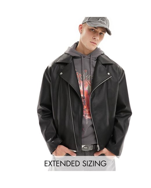 ASOS Black Faux Leather Oversized Cropped Biker Jacket for men