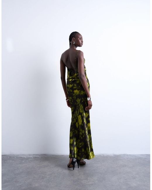 TOPSHOP Brown – maxi-trägerkleid mit wasserfallausschnitt und grunge-blumenmuster
