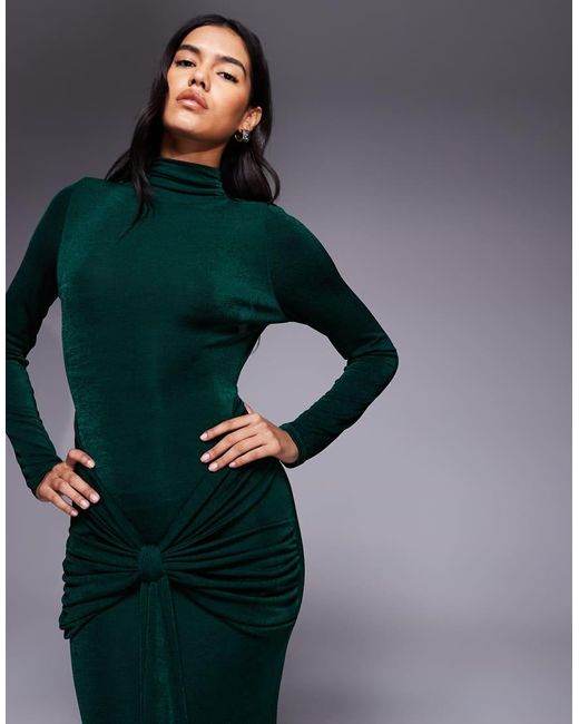 ASOS Blue Long Sleeve Slinky With Sash And Tie Drape Detail And Open Back Maxi Dress