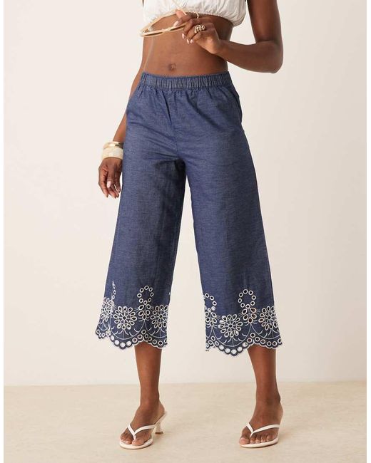 Jdy Blue Embroidery Detail Cropped Trousers