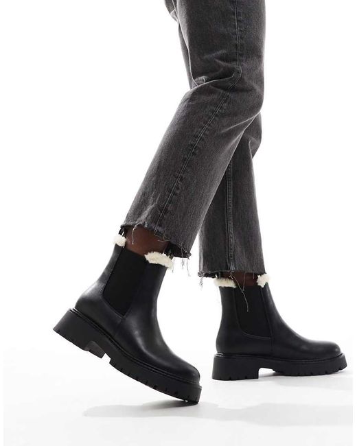 London Rebel Black Lois Faux Fur Lined Chunky Chelsea Boots