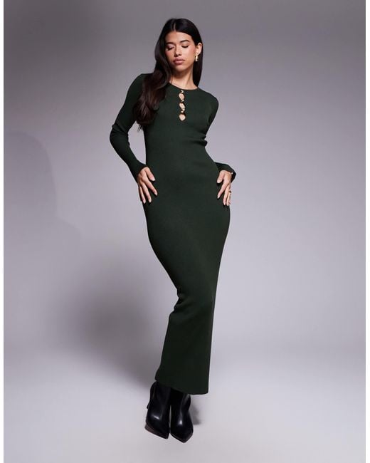 Kaiia Green Exclusive Cut Out Detail Long Sleeve Knitted Maxi Dress