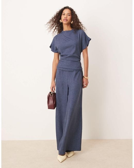 Combinaison en aspect lin avec fronces et dos ouvert ASOS en coloris Blue