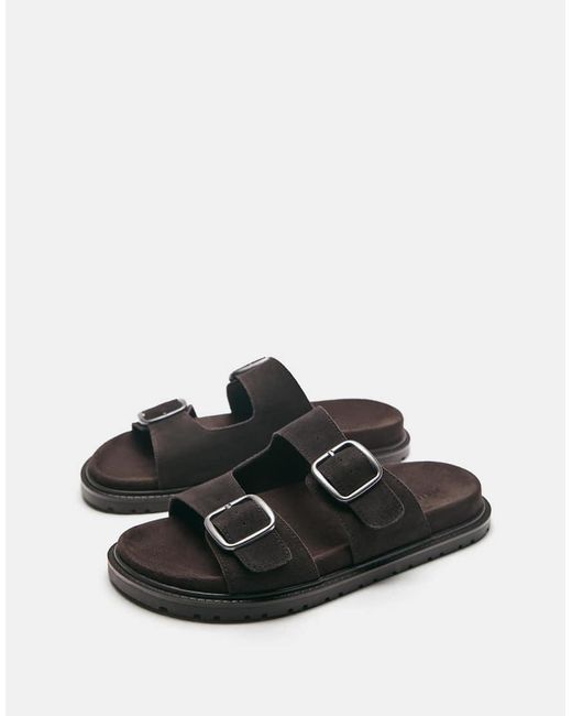Pull&Bear Black Leather Buckle Sandals for men