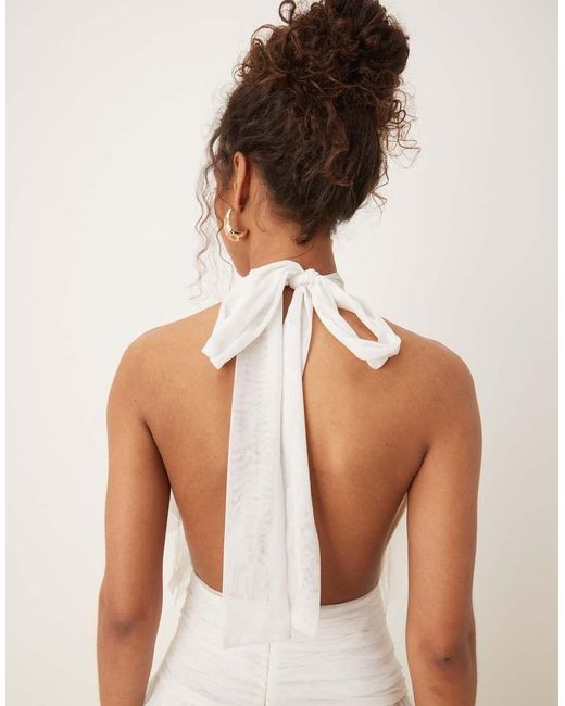LACE & BEADS Natural Backless Ruffle Tulle Maxi Dress