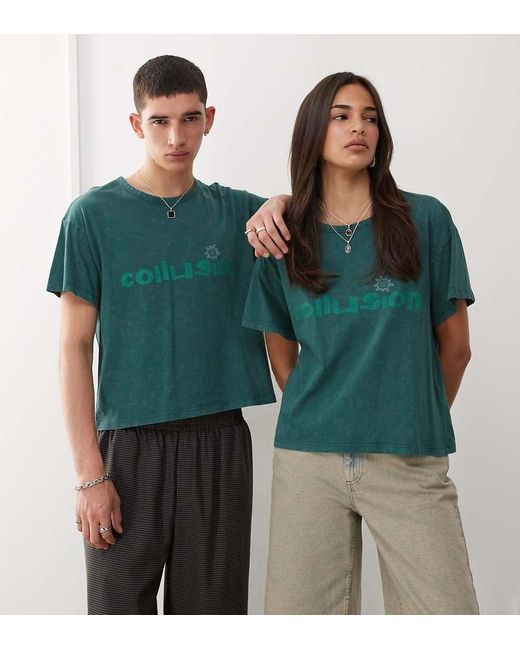Collusion Green Boxy Printed Tee for men