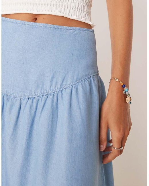 Mango Blue Drop Waist Gathered Detail Midi Skirt