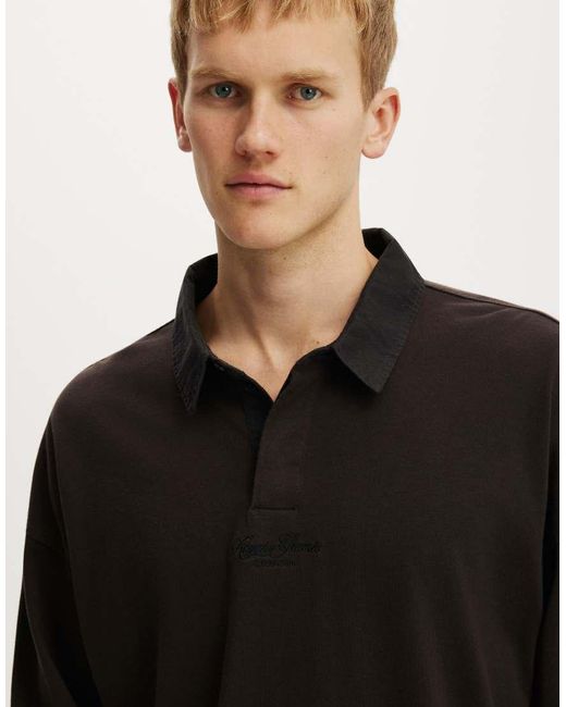 Cotton On Black Box Fit Rugby Polo for men