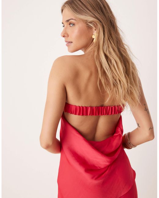 ASOS Red Bandeau Satin Asym Overlay Detail Jumpsuit