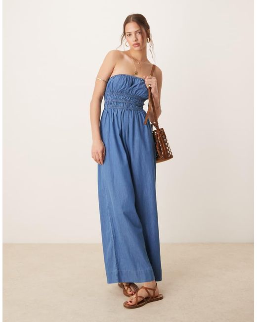 ASOS Blue Strapless Jumpsuit With Shirring Body