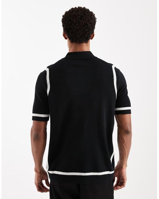 ASOS Black Knit Polo With Panel Detail for men