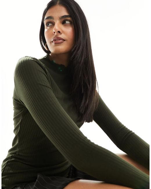 ONLY Green Lettuce Edge High Neck Ribbed Top