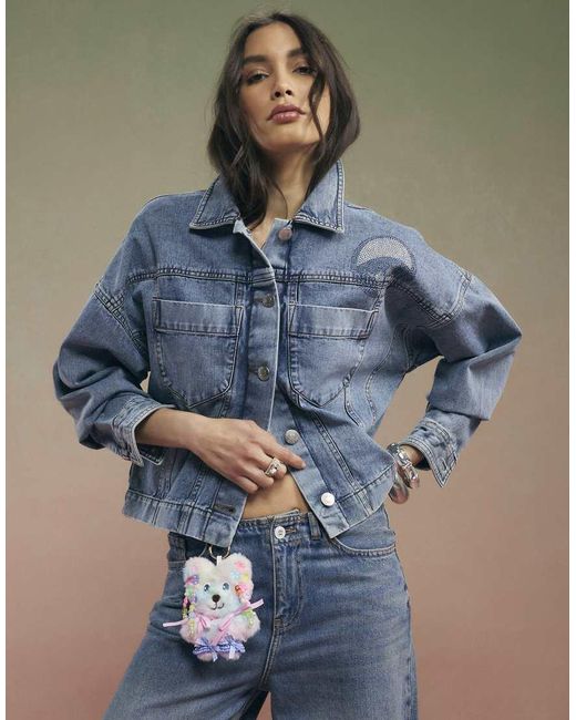 River Island Blue Year Zero Notes Denim Jacket