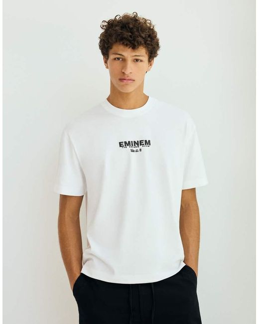 Bershka White Eminem Relaxed Fit Print T-Shirt for men