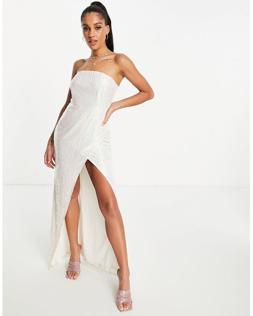 Club L London White Sequin Iridescent Strapless Split Maxi Dress