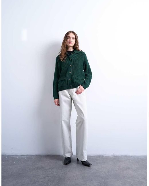 TOPSHOP Green Knitted Rib Double Pocket Jacket