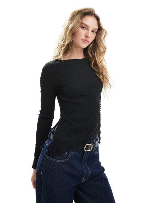 Brave Soul Top Met Boothals, Textuur En Lange Mouwen in het Blue