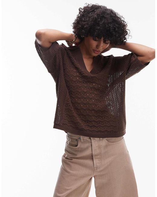TOPSHOP Brown Open Stitch Polo Top