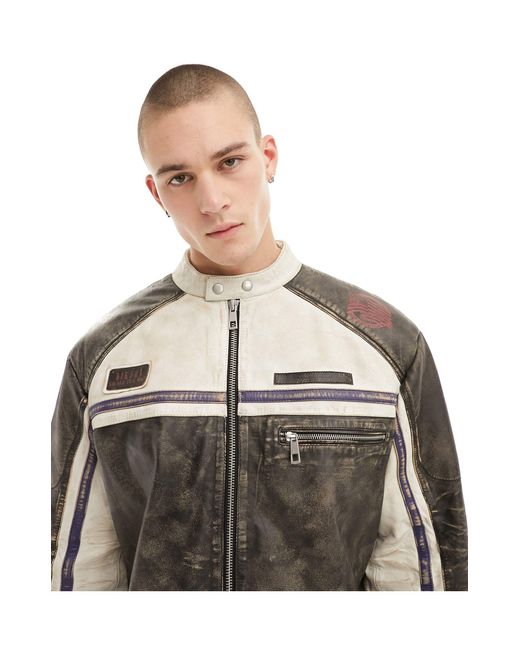 ASOS Black Real Leather Motocross Jacket With Badges for men