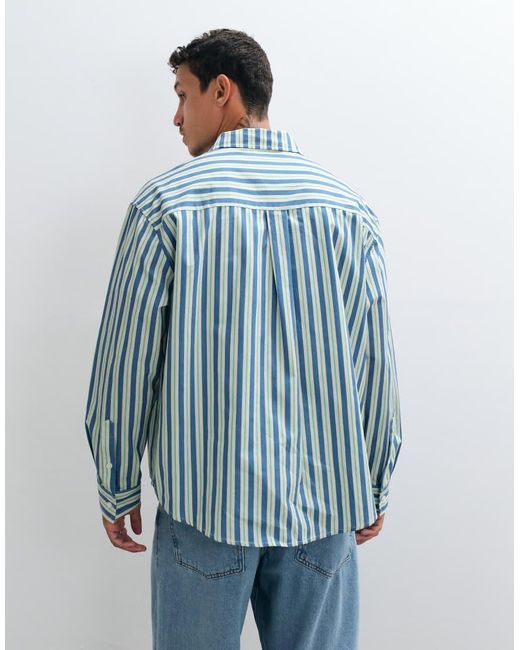 ASOS Blue Oversized Poplin Stripe Shirt With Chest Embroidery for men