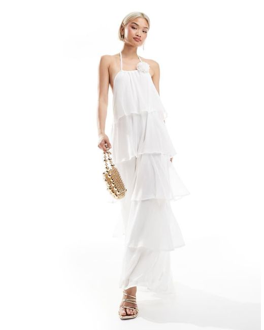 Pieces White Ruffle Tiered Maxi Dress With Corsage Detail