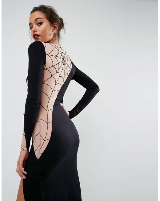 ASOS Halloween Flocked Spider Web Mesh Back Midi Dress in Black | Lyst