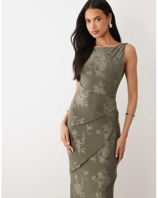 ASOS Green Raw Seam Cowl Back Devore Maxi Dress