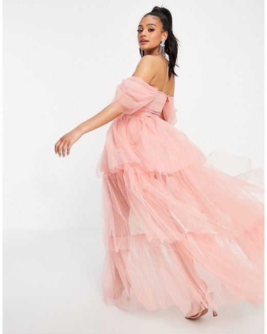 LACE & BEADS Exclusive Off Shoulder Tulle Maxi Dress in Pink
