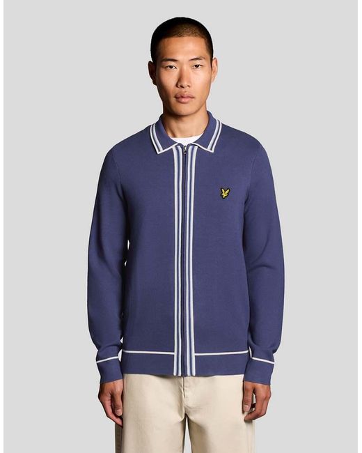 Lyle & Scott Blue Mid Knits Tipped Knitted Zip Through Jacket for men