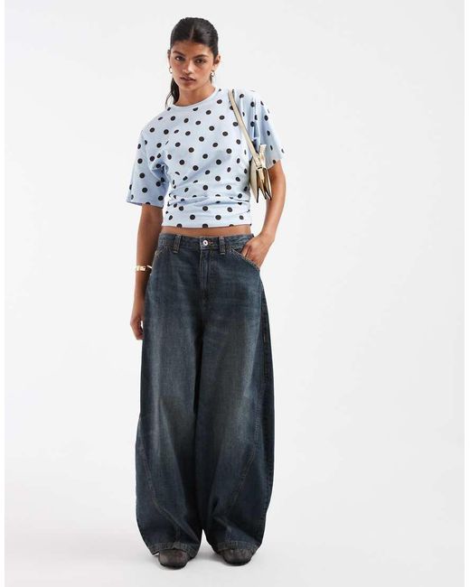 Pieces Blue Ruched Waist Polka Dot Jersey Top