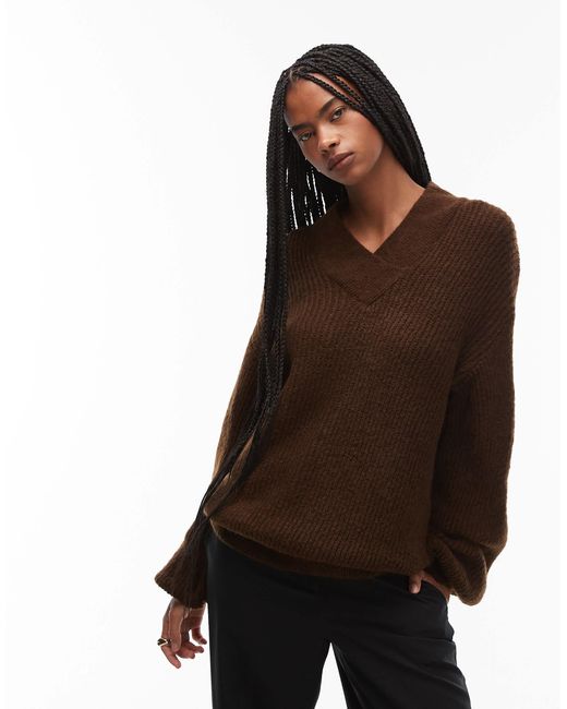 ASOS Women's Brown Knitted Oversized V Neck Sweater