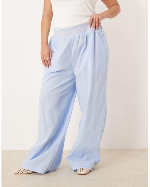 Curve - pantalon large à enfiler en lin mélangé avec taille froncée contrastante ASOS en coloris Blue