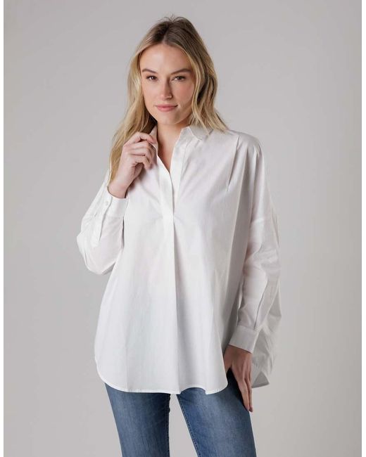 French Connection Gray Cotton Long Sleeve Poplin Popover High-Low Hem Shirt