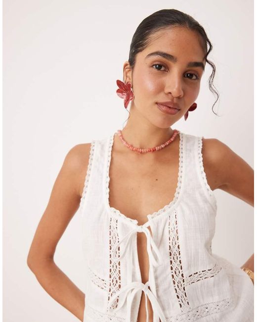 ASOS White Textured Lace Insert Tie Front Beach Top
