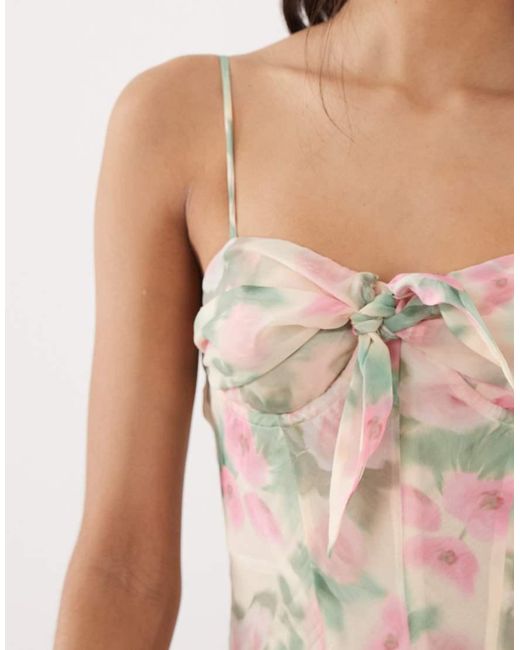 For Love & Lemons Natural Lilou Underwire Corset Detail Asymmetric Floaty Hem Maxi Dress